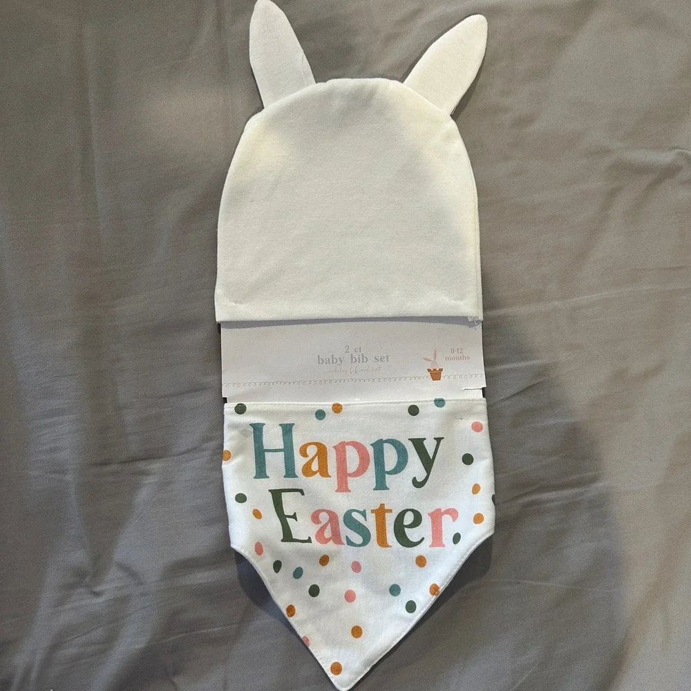 Happy Easter Baby Bib and Bunny Ear Hat Set White 0-12 Months 2 Piece Holiday